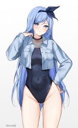 Rule 34 | 1girl, black one-piece swimsuit, blue eyes, blue hair, breast pocket, collarbone, covered navel, cowboy shot, cropped jacket, denim, denim jacket, gluteal fold, hair ribbon, hand on own hip, hand up, highleg, highleg swimsuit, highres, jacket, kaetzchen, long hair, long sleeves, looking at viewer, bae minah (chaesu), one-piece swimsuit, open clothes, open jacket, original, parted lips, pocket, ribbon, simple background, solo, swimsuit, thighs, very long hair, white background, wing collar