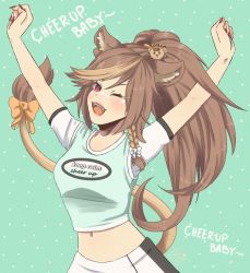 Rule 34 | 1girl, bow, breasts, brown hair, cheer up (song), clenched hands, commentary, cosplay, english commentary, english text, fangs, green background, green shirt, hazumi aileen, highres, indie virtual youtuber, k-pop, lion girl, lion hair ornament, lion tail, lyrics, medium breasts, navel, nayeon (twice), nayeon (twice) (cosplay), one eye closed, ponytail, shirt, skirt, solo, sooangelion, tail, tail bow, tail ornament, twice (group), virtual youtuber, white skirt, yellow bow