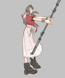 1girl aerith_gainsborough bangle blush boots bracelet braid braided_ponytail brown_footwear brown_hair closed_eyes closed_mouth cropped_jacket dress final_fantasy final_fantasy_vii final_fantasy_vii_rebirth final_fantasy_vii_remake full_body grey_background hair_ribbon highres holding holding_staff jacket jewelry long_dress long_hair mmmckayyy outstretched_arms parted_bangs pink_dress pink_ribbon red_jacket ribbon short_sleeves sidelocks single_braid smile solo staff v