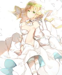 Rule 34 | 10s, 1girl, absurdres, ahoge, ass, backless dress, backless outfit, bad id, bad pixiv id, blonde hair, blurry, breasts, bridal veil, butt crack, chain, cleavage, closed mouth, depth of field, dress, elbow gloves, fate/extra, fate/extra ccc, fate (series), from behind, gloves, green eyes, highres, kneepits, laurel crown, light smile, lock, looking at viewer, looking back, medium breasts, miyuki (miyuki 05290), nero claudius (bride) (fate), nero claudius (fate), nero claudius (fate) (all), padlock, petals, short hair, sideboob, simple background, smile, solo, veil, white background, white dress, white gloves, wreath