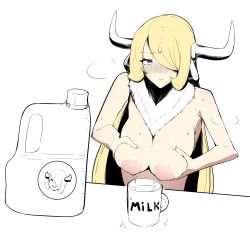 Rule 34 | blonde hair, blush, breasts, breasts squeezed together, creatures (company), cup, cynthia (pokemon), game freak, grabbing, grabbing another&#039;s breast, highres, horns, lactating into container, lactation, large breasts, looking at viewer, mug, nintendo, pokemon, pokemon dppt, simple background, tagme, white background, yuuyuu (yuuki1771)
