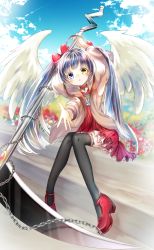 Rule 34 | 1girl, absurdres, ahoge, arm up, bad id, bad pixiv id, black thighhighs, blue eyes, blue flower, blue sky, bow, brown jacket, chain, cloud, cloudy sky, day, dress, feathered wings, fingernails, flower, fuyusuke (hz+), hair bow, head tilt, heterochromia, highres, holding, holding scythe, hood, hood down, hooded jacket, jacket, leaning to the side, long sleeves, looking at viewer, original, outdoors, outstretched arm, parted lips, puffy long sleeves, puffy sleeves, red bow, red dress, red flower, red footwear, scythe, shoes, silver hair, sitting, sky, solo, stairs, thighhighs, white flower, white wings, wings, yellow eyes, yellow flower