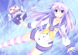 Rule 34 | &lt;o&gt; &lt;o&gt;, 10s, 1girl, choker, d-pad, east01 06, female focus, hair ornament, long hair, looking at viewer, nepgear, neptune (series), open mouth, purple eyes, purple hair, robot, school uniform, serafuku, solo, striped clothes, striped thighhighs, thighhighs