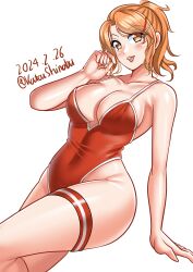 Rule 34 | 1girl, absurdres, alternate costume, aquila (kancolle), bare shoulders, blush, breasts, brown eyes, dated, hair ornament, hairclip, high ponytail, highres, kantai collection, katou shinobu, large breasts, long hair, medium breasts, one-piece swimsuit, open mouth, orange hair, red one-piece swimsuit, smile, solo, swimsuit, thigh strap, twitter username, wavy hair