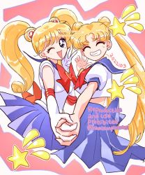 Rule 34 | aino minako, back bow, bishoujo senshi sailor moon, blue eyes, blue skirt, bow, bowtie, closed eyes, cosplay, crescent, crescent earrings, earrings, elbow gloves, gloves, holding hands, jewelry, namisonpictures, parted bangs, red bow, red bowtie, sailor moon, sailor moon (cosplay), skirt, smile, tsukino usagi, v