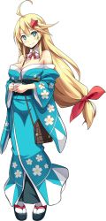 Rule 34 | 1girl, ahoge, bare shoulders, blonde hair, blue eyes, breasts, cleavage, cup, full body, goryoukaku (oshiro project), hair ornament, holding, holding cup, japanese clothes, kekemotsu, kimono, large breasts, long hair, low-tied long hair, official art, oshiro project:re, oshiro project:re, smile, solo, star (symbol), star hair ornament, transparent background