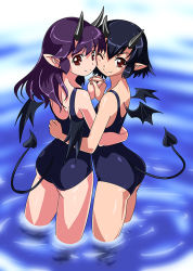 Rule 34 | 2girls, ;), ass, bad id, bad pixiv id, black hair, blush, cheek-to-cheek, demon girl, demon tail, demon wings, female focus, flat chest, from behind, holding hands, heads together, horns, hug, interlocked fingers, long hair, looking at viewer, looking back, multiple girls, one-piece swimsuit, one eye closed, original, pointy ears, purple hair, red eyes, rohitsuka, school swimsuit, short hair, smile, swimsuit, tail, wading, water, wet, wings, wink, yuri