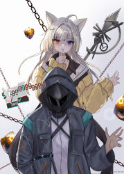 Rule 34 | 1girl, 1other, absurdres, ahoge, animal ears, arknights, cat ears, chain, doctor (arknights), finger to mouth, gradient background, heterochromia, highres, hood, hooded coat, huge filesize, nightmare (arknights), originium (arknights), shushing, smile, staff, sweater, white hair, xxdentera