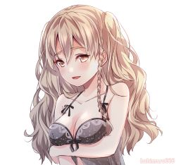 Rule 34 | 1girl, alternate costume, arm under breasts, babydoll, blonde hair, blush, braid, breasts, brown eyes, cleavage, hair between eyes, hair ribbon, highres, kantai collection, kukimaru, lingerie, long hair, medium breasts, open mouth, ribbon, side braid, simple background, solo, twitter username, underwear, upper body, white background, zara (kancolle)