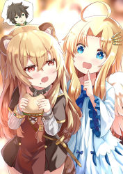Rule 34 | 1boy, 2girls, :d, ahoge, angel wings, animal ear fluff, animal ears, blonde hair, blue bow, blue eyes, blurry, blurry background, bow, brown capelet, brown dress, brown hair, capelet, collarbone, commentary request, depth of field, dress, drooling, feathered wings, fingernails, filo (tate no yuusha no nariagari), food, food on face, green eyes, grey shirt, hair between eyes, hair ornament, hand up, highres, holding, holding food, index finger raised, iwatani naofumi, long hair, long sleeves, mouth drool, multiple girls, open mouth, parted bangs, pixiv id, raccoon ears, raccoon girl, raphtalia, red eyes, ribbed shirt, sandwich, shirt, signature, smile, tate no yuusha no nariagari, time paradox, twitter username, very long hair, white dress, white wings, wide sleeves, wings, xephonia