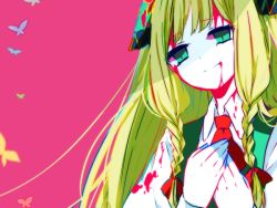 Rule 34 | 1girl, artist request, blonde hair, blood, bug, butterfly, collared shirt, cynthia (gensou otome no okashi na kakurega), gensou otome no okashi na kakurega, green eyes, insect, pink background, shadow, shirt, sidelocks, simple background, solo, spoilers