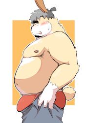 Rule 34 | 1boy, :q, animal ears, archer (archery045), ass, bara, big belly, blush, bulge, bulge lift, dressing, facial hair, fat, fat man, feet out of frame, from side, furry, furry male, goatee, highres, i&#039;ve never seen a guy recreate this successfully tbh (meme), male focus, male underwear, meme, muscular, muscular male, nipples, open pants, original, pants, pants lift, pectorals, rabbit boy, rabbit ears, red male underwear, short hair, sideburns, solo, stomach, thick eyebrows, tongue, tongue out, topless male, undersized clothes, underwear, yellow fur