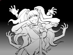 Rule 34 | 1girl, bear hair ornament, black background, bow, bowknot huhu, breasts, cleavage, collarbone, danganronpa: trigger happy havoc, danganronpa (series), disembodied hand, enoshima junko, gradient background, grey background, grin, hair ornament, hands up, highres, large breasts, miniskirt, necktie, shirt, shirt bow, short sleeves, skirt, smile, solo, teeth, twintails