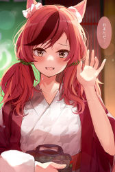 Rule 34 | 1girl, animal ears, bag, blurry, blurry background, blush, brown eyes, commentary request, hand up, highres, holding, holding bag, horse ears, horse girl, jacket, japanese clothes, kimono, long hair, looking at viewer, nice nature (umamusume), nira (vira), open mouth, red hair, red jacket, smile, solo, translation request, twintails, umamusume, upper body, white kimono