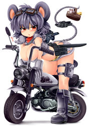 Rule 34 | 1girl, animal ears, blush, boots, breasts, bullpup, cleavage, crop top, female focus, gloves, goggles, goggles on head, gun, hanging breasts, large breasts, microskirt, midriff, minibike, motor vehicle, motorcycle, mouse (animal), mouse ears, mouse tail, nazrin, okiraku nikku, p90, personal defense weapon, red eyes, revealing clothes, sheath, skirt, solo, submachine gun, tail, touhou, vehicle, weapon