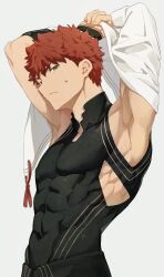 Rule 34 | 1boy, absurdres, armpits, arms behind head, commentary, commentary request, covered abs, covered navel, emiya shirou, fate/grand order, fate (series), grey background, highres, looking at viewer, male focus, okonon (kado colda), orange hair, senji muramasa (fate), senji muramasa (second ascension) (fate), simple background, solo, upper body, yellow eyes