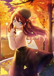 Rule 34 | 1girl, aran sweater, bad id, bad pixiv id, beret, blush, brown hair, brown hat, brown pantyhose, cable knit, cloud, commentary request, ginkgo leaf, ginkgo tree, green skirt, hand up, hat, head tilt, highres, holding, holding leaf, lamppost, leaf, long hair, long sleeves, looking at viewer, looking to the side, mamel 27, one side up, original, outdoors, pantyhose, plaid, plaid skirt, power lines, skirt, sky, solo, stairs, standing, stone stairs, sunset, sweater, tree, turtleneck, turtleneck sweater, very long hair, white sweater