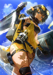Rule 34 | 1girl, arknights, axe, bandaid, bandaid on leg, bandeau, black gloves, black hair, blue eyes, bottle, breasts, commentary request, day, dress, dual wielding, elbow gloves, eunectes (arknights), from below, gloves, goggles, goggles on head, hair ornament, has otm, holding, holding axe, holding shield, medium breasts, pointy ears, shield, short hair, sky, solo, strapless, tail, thigh strap, thighs, tube top, yellow dress