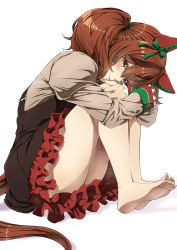 Rule 34 | 1girl, animal ears, barefoot, blush, brown dress, brown eyes, brown hair, brown shirt, closed mouth, dress, ear covers, frilled skirt, frills, full body, highres, horse ears, horse girl, hugging own legs, juliet sleeves, knees up, kouji (campus life), long sleeves, looking at viewer, nice nature (umamusume), puffy sleeves, red skirt, shirt, simple background, sitting, skirt, smile, thighs, twintails, umamusume, white background