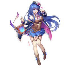 Rule 34 | 1girl, absurdres, bad id, bad pixiv id, blue eyes, blue jacket, blue skirt, book, boots, breasts, brown footwear, corset, cross-laced footwear, floating, floating book, floating object, full body, garter straps, gloves, hands up, hat, highres, jacket, long hair, long sleeves, looking at viewer, medium breasts, miniskirt, neck ribbon, off shoulder, open mouth, original, parted lips, pink ribbon, quill, ribbon, shichigatsu, simple background, skirt, solo, thighhighs, two-sided fabric, two-sided jacket, white background, white gloves