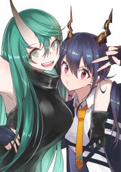Rule 34 | 2girls, arknights, arm over shoulder, armpits, blazer, blue hair, breasts, ch&#039;en (arknights), commentary request, cowboy shot, fingerless gloves, gloves, green hair, grey eyes, grin, hair between eyes, hair over one eye, hair over shoulder, horns, hoshiguma (arknights), jacket, long hair, looking at viewer, multiple girls, necktie, oni, pout, purple eyes, simple background, skin-covered horns, smile, standing, v, v-shaped eyebrows, very long hair, white background, yuzuruka (bougainvillea)