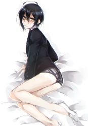 Rule 34 | 1boy, ahoge, ass, bed sheet, black hair, black jacket, black male underwear, blush, brown eyes, commentary request, danganronpa (series), danganronpa v3: killing harmony, from side, full body, grey male underwear, highres, jacket, long sleeves, looking at viewer, lying, male focus, male underwear, multicolored male underwear, no pants, on side, saihara shuichi, shoes, short hair, solo, sumika (rrz03), underwear, white footwear