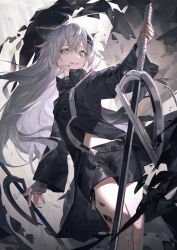 Rule 34 | 1girl, absurdres, animal ears, arknights, black jacket, black nails, black shorts, commentary, feet out of frame, fingerless gloves, gloves, grey eyes, grey hair, grin, hair ornament, hairclip, highres, holding, holding sword, holding weapon, jacket, lappland (arknights), long hair, long sleeves, looking at viewer, material growth, mr.lime, oripathy lesion (arknights), scar, scar across eye, scar on face, sharp teeth, shorts, smile, solo, sword, teeth, very long hair, weapon, white gloves, wolf ears, wolf girl
