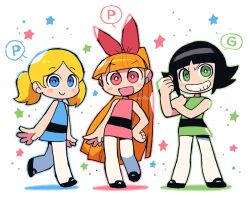 Rule 34 | 3girls, :d, black footwear, blonde hair, blossom (ppg), blue dress, blue eyes, blush stickers, bow, bright pupils, bubbles (ppg), buttercup (ppg), commentary, contrapposto, dress, english commentary, green dress, green eyes, green hair, hair bow, hand up, highres, long hair, looking at viewer, multiple girls, open mouth, pantyhose, pink background, pink dress, pink eyes, powerpuff girls, rariatto (ganguri), red bow, shoes, short hair, smile, standing, star (symbol), twintails, twitter username, v-shaped eyebrows, very long hair, white pupils