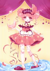 Rule 34 | 1girl, absurdres, apron, bow, circle name, crescent, curtains, doll, doll joints, double bun, dress, dripping, feathers, fork, fork hair ornament, frilled apron, frills, hair bow, hair bun, hat feather, heart, highres, joints, leg ribbon, mary janes, original, pink eyes, pink hair, ribbon, shoes, sidelocks, signature, solo, spoon, spoon hair ornament, standing, striped, striped background, umina kurumi, vertical stripes, waist apron, water, wrist cuffs