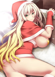 Rule 34 | &gt;:), 1girl, arm warmers, ass, blonde hair, breasts, breasts out, capelet, chimney, christmas, gloves, green eyes, hat, highres, huge breasts, large breasts, legs, lips, long hair, looking at viewer, looking back, lying, naughty face, no bra, no panties, on side, on stomach, original, panties, pasties, red gloves, santa costume, santa hat, shiny skin, smile, solo, star (symbol), symbol-shaped pupils, text in eyes, thighs, tro (trombe), underwear, v-shaped eyebrows, very long hair, white panties