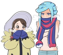 Rule 34 | 1boy, 1girl, bbhdrrr, blue mittens, blush, borrowed clothes, breath, cold, creatures (company), game freak, green eyes, green hair, green pants, grey headwear, grusha (pokemon), hands up, hat, highres, jacket, juliana (pokemon), long hair, long sleeves, mittens, navel, nintendo, pants, poke ball print, pokemon, pokemon sv, scarf, scarf over mouth, striped clothes, striped scarf, sweat, topless male, trembling, white background, yellow jacket