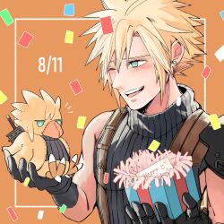 Rule 34 | 1boy, aqua eyes, armor, black gloves, blonde hair, blush, box, buster sword, chocobo, cloud strife, confetti, dated, final fantasy, final fantasy vii, final fantasy vii remake, gift, gift box, gloves, hair between eyes, happy birthday, highres, holding, holding box, male focus, nnnmmg0725, one eye closed, open mouth, orange background, short hair, shoulder armor, sleeveless, sleeveless turtleneck, smile, solo, spiked hair, stuffed animal, stuffed toy, suspenders, turtleneck, upper body, weapon, weapon on back