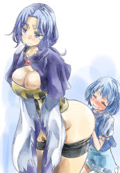 Rule 34 | 2girls, ass, blue eyes, blue hair, blush, breasts, cleavage, clothes pull, drooling, eyebrows, female pervert, hands on ass, hood, hood down, kumoi ichirin, large breasts, leaning forward, long hair, mouth drool, multiple girls, no panties, open mouth, pervert, short hair, shorts, shorts pull, skirt, smile, tatara kogasa, touhou, wide sleeves, yohane, yuri