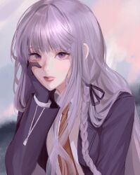 Rule 34 | 1girl, black gloves, black ribbon, breasts, brown necktie, closed mouth, commentary request, danganronpa: trigger happy havoc, danganronpa (series), gloves, hair ribbon, hand on own cheek, hand on own face, hand up, highres, jacket, kirigiri kyoko, kkochmeli, korean commentary, long hair, looking at viewer, medium breasts, necktie, open clothes, open jacket, pink eyes, pink hair, purple eyes, purple jacket, ribbon, solo, upper body