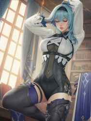 Rule 34 | 1girl, arms up, blue gloves, blue hair, bodysuit, book, bookshelf, breasts, curtains, eula (genshin impact), closed eyes, genshin impact, gloves, hairband, hand in own hair, highres, indoors, light blue hair, lips, long sleeves, medium breasts, multiple straps, sciamano240, solo, thigh strap, thighhighs, underboob, window