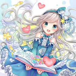 Rule 34 | 1girl, :d, aqua eyes, bare shoulders, blush, book, bow, center frills, detached sleeves, dress, frills, hair bow, hairband, heart, long hair, long sleeves, moyon, open mouth, original, silver hair, smile, solo, star (symbol)