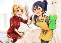 Rule 34 | 2girls, :d, apron, ayase eli, bathroom, bathtub, blonde hair, blue eyes, blush, bottle, commentary request, graphite (medium), green pants, hair between eyes, holding, holding bottle, holding shower head, indoors, jacket, kneeling, lilylion26, love live!, love live! school idol project, multiple girls, nose blush, open mouth, pants, purple hair, red jacket, shirt, shower head, signature, sleeves rolled up, smile, sonoda umi, sponge, spray bottle, standing, striped clothes, striped shirt, tile floor, tiles, towel, traditional media, water, watercolor pencil (medium), yellow apron