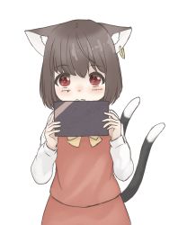 Rule 34 | 1girl, absurdres, animal ear fluff, animal ears, blush, bow, bowtie, box, brown hair, cat ears, cat tail, chen, dress, earrings, highres, holding, holding box, jewelry, keyakko, looking at viewer, multiple tails, nekomata, no headwear, red dress, red eyes, short hair, simple background, single earring, solo, tail, touhou, two tails, white background, yellow bow, yellow bowtie