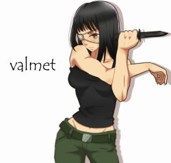 Rule 34 | 1girl, black hair, blue eyes, breasts, character name, eyepatch, jormungand (manga), knife, long hair, natsume (lunch-fisher), sofia valmer, solo, tank top