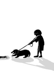 Rule 34 | 1boy, avogado6, comic, commentary request, death, dog, full body, greyscale, high contrast, highres, leash, leash pull, monochrome, open mouth, original, robot, sacrifice, sad, short hair, simple background, smile, standing