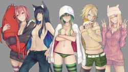 Rule 34 | 5girls, :|, ;p, absurdres, animal ears, animal hat, black hair, blonde hair, blue eyes, blue hair, breast hold, breast lift, breasts, burger, cat ears, cat girl, cat tail, chain, cleavage, closed mouth, crossed arms, denim, eating, female focus, food, green eyes, green hair, green panties, grin, hair censor, hair ornament, hair over breasts, hair over one eye, hairclip, hands in pockets, hat, highres, hood, hoodie, jacket, jeans, jikeshi, long hair, medium breasts, midriff, multicolored hair, multiple girls, naked hoodie, navel, one eye closed, open clothes, original, panties, pants, pink hair, purple eyes, red eyes, short hair, shorts, shrimp, simple background, smile, striped clothes, striped legwear, striped panties, striped thighhighs, stuffed toy, sweater, tail, thighhighs, tongue, tongue out, topless, underwear, v, wink, yellow eyes