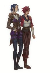 Rule 34 | 2girls, absurdres, arcane caitlyn, arm around shoulder, bandaged arm, bandages, blue eyes, blue hair, blue pants, brown jacket, brown pants, caitlyn (league of legends), copyright request, cropped jacket, highres, hood, hood down, jacket, lipstick, long sleeves, looking at viewer, makeup, mossacannibalis, multiple girls, open clothes, open jacket, pants, ponytail, purple vest, red hair, red jacket, red lips, sash, short hair, simple background, smile, striped clothes, striped pants, vertical-striped clothes, vertical-striped pants, vest, white background