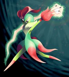 Rule 34 | 1other, absurdres, arm up, armpits, black eyes, bright pupils, closed mouth, colored skin, creatures (company), fakemon, flower, forehead jewel, from side, full body, game freak, glowing, gradient background, green background, green skin, green theme, highres, hyshirey, looking at viewer, nintendo, official style, original, other focus, pokemon, red flower, red skin, running, simple background, solo, white pupils