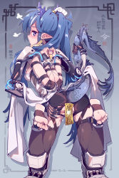 Rule 34 | 1girl, absurdres, arknights, arms behind back, bdsm, black thighhighs, blue eyes, blue hair, bondage, bound, bound arms, breasts, commission, dragon horns, dragon tail, exoskeleton, hair between eyes, highres, horns, imazawa, ling (arknights), long hair, looking at viewer, pointy ears, restrained, reverse prayer, second-party source, short shorts, shorts, solo, tail, thighhighs, toeless legwear, very long hair