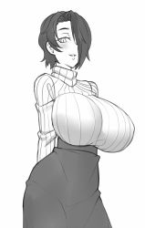 Rule 34 | 1girl, arms behind back, blush, breasts, commentary, english commentary, greyscale, hair over one eye, high-waist skirt, huge breasts, impossible clothes, impossible shirt, long sleeves, looking at viewer, monochrome, original, parted lips, ribbed shirt, saya (twrlare), shirt, short hair, simple background, skirt, smile, solo, turtleneck, twrlare, white background