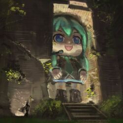 Rule 34 | 1girl, 1other, aqua hair, bare shoulders, blue eyes, building, bush, chibi, cloak, crack, detached sleeves, giant, giantess, grass, hair ornament, hatsune miku, holding, holding staff, long hair, microphone, mikudayoo, nature, necktie, night, open mouth, outdoors, rythayze, skirt, staff, stairs, standing, statue, thighhighs, tree, twintails, very long hair, vocaloid