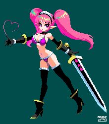 Rule 34 | 1girl, bikini, black gloves, black thighhighs, boots, breasts, choker, cleavage, elbow gloves, frilled bikini, frills, full body, gloves, green background, heart, high heel boots, high heels, holding, holding sword, holding weapon, large breasts, long hair, mabius, navel, original, pink bikini, pink eyes, pink hair, pixel art, pointy ears, simple background, solo, swimsuit, sword, thighhighs, twintails, weapon