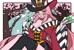 Rule 34 | 1girl, animal ear fluff, animal ears, bare shoulders, black hat, black skirt, black thighhighs, blush, breasts, cherry blossoms, choker, cleavage, coat, collarbone, dango, epaulettes, fate/grand order, fate (series), food, fox ears, fox girl, glasses, hacco mayu, hair between eyes, hat, highres, koyanskaya (fate), koyanskaya (foreigner) (second ascension) (fate), large breasts, long hair, long sleeves, looking at viewer, off shoulder, open mouth, pink hair, red coat, sidelocks, single thighhigh, sitting, skirt, smile, solo, tamamo (fate), thighhighs, thighs, top hat, tree, wagashi, wide sleeves, yellow eyes