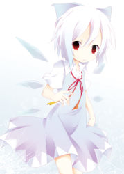 Rule 34 | 1girl, absurdres, albino, alternate color, blush, cirno, collared shirt, d:, dress, gradient background, highres, hinata ichi, ice, ice wings, looking at viewer, open mouth, red eyes, shirt, solo, touhou, white hair, wings
