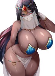 Rule 34 | 1girl, absurdres, aqua eyes, arm behind back, bare arms, bare shoulders, black hair, blush, breasts, cleavage, commentary request, dark-skinned female, dark skin, fate/grand order, fate (series), hand in own hair, highres, huge breasts, jasony, jewelry, long hair, looking at viewer, parted lips, partial commentary, scheherazade (fate), see-through, simple background, solo, thighs, white background
